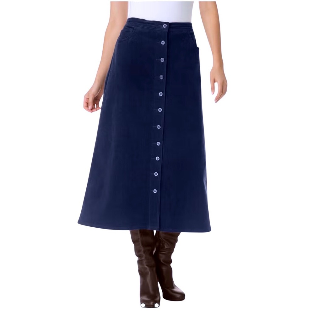 NWOT Woman Within Navy Blue Corduroy Button Front Midi Skirt 24W Officecore